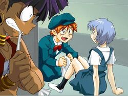  angry ayanami_rei bandeau_bikini blue_hair brown_hair cg crossover fushigi_no_umi_no_nadia game glasses handkerchief hankerchief jealous jean_roque_raltique lowres nadia neon_genesis_evangelion purple_hair 