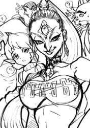  1boy breasts darunia fish_girl gerudo greyscale hair_pulled_back impa large_breasts long_hair mati monochrome monster_girl multiple_girls nabooru princess_ruto princess_zelda protected_link saria_(zelda) sheik smile the_legend_of_zelda the_legend_of_zelda:_ocarina_of_time 