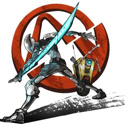  armor borderlands_(series) borderlands_2 claptrap commentary_request helmet koppen mecha no_humans robot sword weapon zer0 