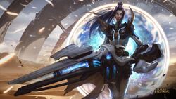  arch armor badge blue_eyes blue_hair blurry blurry_background bodysuit breasts bright_pupils caitlyn_(league_of_legends) chengwei_pan closed_mouth cloud cloudy_sky copyright_name day debris depth_of_field female glowing gun high_ponytail holding holding_gun holding_weapon huge_weapon league_of_legends light_particles long_hair looking_at_viewer medium_breasts official_art outdoors ponytail portal_(object) pulsefire_caitlyn rifle science_fiction sky standing walking weapon 