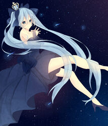  aqua_eyes aqua_hair bow bridal_gauntlets commentary_request dress female hairbow hatsune_miku high_heels highres kusamoto_sora long_hair shoes sky solo star_(sky) starry_sky twintails very_long_hair vocaloid 