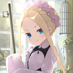  &gt;:) abigail_williams_(fate) abigail_williams_(festival_outfit)_(fate) bad_id bad_pixiv_id bell_(oppore_coppore) birdcage black_dress blonde_hair blue_eyes blurry blurry_background blush braid butterfly_hair_ornament cage closed_mouth commentary_request depth_of_field dress fate/grand_order fate_(series) female forehead hair_ornament heart holding keyhole long_hair long_sleeves official_alternate_costume parted_bangs shirt sidelocks sleeveless sleeveless_dress sleeves_past_fingers sleeves_past_wrists smile solo v-shaped_eyebrows white_shirt 