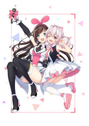  2girls :d ;d absurdres animal_ear_fluff animal_ears arm_around_back arm_up armpits bare_arms bare_shoulders bcy black_bow black_jacket black_legwear black_necktie blue_eyes blush bow breasts brown_hair buttons cheek-to-cheek chinese_commentary collar commentary_request detached_sleeves double-breasted dress fingernails flats floating full_body hairband hand_on_another&#039;s_waist heads_together high_heels highres holding holding_microphone jacket kizuna_ai kizuna_ai_(elegant) kizuna_ai_inc. layered_skirt legs_up lips long_hair medium_breasts microphone midriff_peek multicolored_footwear multicolored_hair multiple_girls nail_polish navel necktie one_eye_closed open_mouth outstretched_arm photoshop_(medium) pink_bow pink_footwear pink_hair pink_hairband pink_nails pleated_dress pumps purple_eyes red_plate_(kyuu45) round_teeth ruan_miemie shirt shoes short_eyebrows short_necktie short_shorts shorts skirt sleeveless sleeveless_dress sleeveless_jacket smile star-shaped_pupils star_(symbol) streaked_hair striped striped_bow symbol-shaped_pupils teeth thick_eyebrows thighhighs thighs tight_clothes tight_shirt upper_teeth_only v_over_eye very_long_hair vest virtual_youtuber white_collar white_dress white_hair white_legwear white_shorts white_vest wing_collar wrist_cuffs 