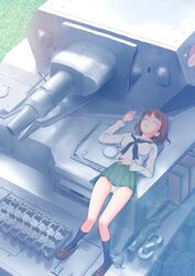  akagi_(fmttps) anglerfish bangs black_legwear black_neckwear blouse brown_eyes brown_footwear brown_hair closed_eyes day emblem eyebrows_visible_through_hair female from_above girls_und_panzer green_skirt ground_vehicle highres loafers long_sleeves lying military military_vehicle miniskirt motor_vehicle neckerchief nishizumi_miho on_back on_vehicle ooarai_school_uniform outdoors panties panties_day pantyshot pantyshot_(lying) panzerkampfwagen_iv parted_lips pleated_skirt school_uniform serafuku shoes short_hair skirt sleeping socks solo tank underwear white_blouse white_panties 