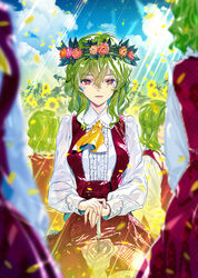  5girls :d ascot blue_sky breasts center_frills clone closed_umbrella cloud commentary_request cover cover_page cowboy_shot day doujin_cover dress_shirt falling_petals field fingernails flower flower_field flower_wreath frilled_shirt_collar frills green_hair hair_between_eyes head_wreath highres kazami_yuuka leaf light_rays long_fingernails long_sleeves looking_at_viewer medium_breasts medium_hair multiple_girls nail_polish open_clothes open_mouth open_vest orange_flower orange_rose outdoors own_hands_together petals photoshop_(medium) pink_flower pink_nails pink_rose plaid plaid_skirt plaid_vest planted planted_umbrella puffy_long_sleeves puffy_sleeves red_eyes red_flower red_rose red_skirt red_vest rose shirt sidelocks skirt skirt_set sky sleeve_cuffs smile solo_focus standing sunflower sunflower_field touhou umbrella vest wavy_hair white_shirt yellow_ascot yellow_flower yellow_petals zounose 