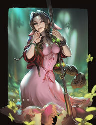  aerith_gainsborough artist_name blurry blurry_background bo_staff bow bracelet braid breasts brown_hair church cleavage cropped_jacket david_semsei dress drill_hair female final_fantasy final_fantasy_vii final_fantasy_vii_remake finger_to_mouth flower green_eyes hair_intakes hair_ribbon holding holding_staff indoors jacket jewelry large_breasts long_dress long_hair long_skirt looking_at_viewer necklace one_eye_closed parted_lips photoshop_(medium) pink_bow pink_dress ponytail red_jacket ribbon short_sleeves single_braid skirt solo staff very_long_hair 