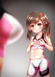  2girls bike_shorts blurry blurry_foreground blush breast_envy breasts brown_eyes brown_hair closed_mouth commentary_request cosplay depth_of_field gundam gundam_breaker gundam_breaker_3 gundam_build_fighters gundam_build_fighters_try highres hoshino_fumina medium_hair midriff multiple_girls navel out_of_frame satsukino_misa small_breasts solo_focus sports_bra standing suizen_no_mimi sweat two-tone_sports_bra 