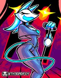  2022 artist_name closed_eyes deltarune domestic_cat electronics eyelashes felid feline felis female floating_hands hair hi_res holding_microphone holding_object machine mammal microphone microphone_stand robot short_hair singing small_waist smile solo standing tasque_manager th3gadfly undertale_(series) white_hair 