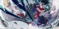  1boy air_current angry aqua_bodysuit aqua_eyes belt black_whip_(boku_no_hero_academia) bleeding blood blood_on_face blood_on_gloves blurry blurry_background bodysuit boku_no_hero_academia chromatic_aberration clenched_hands clenched_teeth commentary_request cross-laced_footwear cuts debris deep_wound depth_of_field dutch_angle electricity floating_hair foreshortening freckles full_body furious furrowed_brow gloves glowing glowing_eyes green_hair ground_shatter hand_up highres injury looking_to_the_side male_focus matsuya_(pile) midoriya_izuku outdoors outstretched_arm partial_commentary profile rock serious sideways_glance slav_squatting solo spoilers squatting teeth tendril torn_sleeve v-shaped_eyebrows white_gloves 