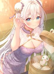  blue_eyes breasts china_dress chinese_clothes cleavage cleavage_cutout closed_mouth clothing_cutout copyright_request double_bun dress female food hair_between_eyes hair_bun holding long_hair looking_at_viewer medium_breasts purple_dress serino_itsuki short_sleeves smile solo steam white_hair 