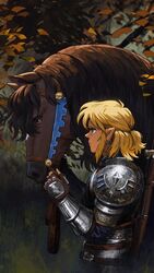  1boy animal armor blonde_hair brown_gloves closed_mouth commentary earrings english_commentary epona fingerless_gloves from_side gloves hand_up highres horse jewelry link looking_at_animal male_focus malin_falch outdoors pointy_ears profile scale_armor shiny shoulder_armor sitting the_legend_of_zelda the_legend_of_zelda:_breath_of_the_wild tree 