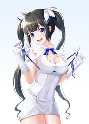  :d absurdres black_hair blue_eyes blue_neckwear blue_ribbon bow breasts cleavage commentary_request covered_navel cowboy_shot dress dungeon_ni_deai_wo_motomeru_no_wa_machigatteiru_darou_ka female gloves hairbow head_tilt hestia_(danmachi) highres long_hair looking_at_viewer medium_breasts open_mouth pencil_dress rei_no_himo ribbon ryon_y0421 short_dress simple_background sleeveless sleeveless_dress smile solo standing twintails very_long_hair white_background white_bow white_dress white_gloves 