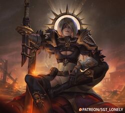  1boy 2b_(nier:automata) adepta_sororitas adeptus_astartes armor armored_boots artist_name black_blindfold black_footwear blindfold bob_cut boots breasts chaos_space_marine cleavage closed_mouth cloud cloudy_sky crossed_legs crossover death female fire gauntlets grey_sky holding holding_sword holding_weapon leotard lips lying nier:automata nier_(series) on_back outdoors patreon_logo patreon_username pauldrons sgt_lonely short_hair shoulder_armor sitting sky sword third-party_source warhammer_40k weapon white_hair white_leotard world_eaters 