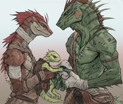  ambiguous_gender anthro athletic athletic_anthro athletic_female athletic_male chest_scar claws clothed clothing dungeons_and_dragons egg family father_(lore) female flat_chested frill_(anatomy) green_body group hand_wraps hasbro holding_child lizardman lolicon male mother_(lore) neck_spikes neck_wraps parent_(lore) red_body reptile sash scalie scar sibling_(lore) simple_background skimpy spiked_tail spikes spikes_(anatomy) tail tooth_necklace topless topless_male tribal tribal_clothing trio tympanum virginwhore wizards_of_the_coast wraps yellow_eyes young 