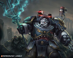  3boys adeptus_astartes armor artist_name banner blood blood_on_weapon bloop_(gawr_gura) blue_eyes carcharodons claw_(weapon) english_commentary female fish_bone gawr_gura glowing glowing_weapon gun hair_ornament helmet hololive hololive_english multiple_boys ornate patreon_logo patreon_username pauldrons polearm power_armor power_fist ribbon servo-skull sgt_lonely shoulder_armor skull solo_focus terminator_armor trident tyberos_the_red_wake virtual_youtuber warhammer_40k weapon 