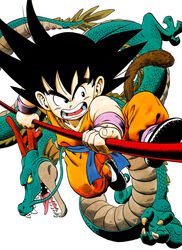  1boy absurdres animal black_eyes black_footwear black_hair bo_staff collarbone commentary dougi dragon dragon_ball dragon_ball_(classic) fighting_stance fingernails frown full_body highres holding holding_weapon horns jumping kicking looking_afar male_focus monkey_tail official_art open_mouth ruyi_jingu_bang shaded_face sharp_teeth shenron_(dragon_ball) shoe_soles son_goku spiked_hair tail teeth tongue toriyama_akira v-shaped_eyebrows weapon whiskers wristband 