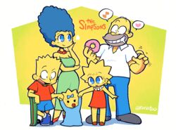  2boys 3girls artist_name baby bart_simpson blue_eyes blue_hair blue_pants blue_shorts blush breasts commentary copyright_name doughnut dress english_commentary family food green_dress grin heart highres homer_simpson husband_and_wife lisa_simpson lolicon long_hair maggie_simpson marge_simpson multiple_boys multiple_girls musical_note open_mouth orange_dress pants puff_of_air rariatto_(ganguri) saliva shirt shorts simple_background skateboard smile spoken_heart spoken_musical_note standing the_simpsons toon_(style) twitter_username white_shirt 