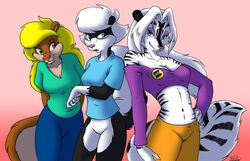 amy_the_squirrel anthro blonde_hair blue_eyes bottomless breasts cleavage clothed clothing eyewear felid female fluffy fluffy_tail glasses gloves_(marking) group hair hand_on_hip hands_behind_back hybrid looking_back mammal markings mephitid midriff navel open_mouth pantherine pokelai rodent sabrina_(sabrina_online) sabrina_online sciurid simple_background skunk smile striped_markings striped_tail stripes tail tail_markings tiger tree_squirrel zig_zag