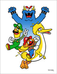 3_toes 4_fingers 5_fingers afro alternate_species anthro arms_above_head avian beak bert_(sesame_street) big_bird_(sesame_street) bird black_hair black_nose blue_body blue_fur bowser cape clothed clothing cookie_monster cosplay crossover derp_eyes ernie_(sesame_street) eyebrows facial_hair feathers feet fingers fist flat_cap flat_colors footwear fully_clothed fur gesture gloves group hair hand_gesture handwear hat headgear headwear horn humanoid hybrid koopa looking_aside looking_at_another luigi male mario mario_bros monster moustache nintendo nude open_mouth open_smile orange_body orange_nose orange_skin overalls parody raised_arm red_nose scalie sesame_street sharp_teeth shirt shoes short_hair simple_background smile straddling teeth text text_on_clothing text_on_hat text_on_headwear toes tongue toony topwear unibrow unknown_artist v_sign what white_background yellow_body yellow_feathers yellow_skin yellow_yoshi yoshi