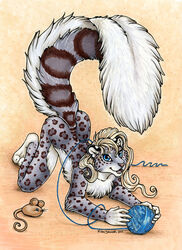 2011 all_fours anthro ball_of_yarn breasts felid female fur leopard_spots mammal nude pantherine playful raised_tail signature snow_leopard solo spots tail white_body white_fur xianjaguar yarn