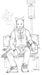 2006 4_fingers anthro apple_inc. artdecade biped bottomwear canid canine canis cigarette clothed clothing electronics fingers footwear front_view fully_clothed ipod male mammal monochrome pants portable_music_player shirt shoes sketch smoke smoking solo tank_top topwear wolf