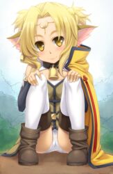  alicia_rue bell blonde_hair blush boots cameltoe circlet collar commentary_request female highres looking_at_viewer neck_bell panties sitting smile solo sorano_(12gou) sword_art_online thighhighs underwear white_panties white_thighhighs yellow_eyes 