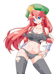  bandages bandaid beret black_panties black_thighhighs blue_eyes bow braid breasts cleavage commentary_request crop_top ekus_(xo_ekus) eyebrows female hairbow hat highres hong_meiling large_breasts lingerie long_hair midriff navel panties red_hair solo sports_bra thighhighs torn_clothes torn_sports_bra touhou twin_braids underwear underwear_only 