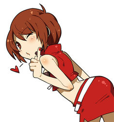  bad_id bad_pixiv_id brown_eyes brown_hair crop_top female heart lowres meiko_(vocaloid) midriff miniskirt molly one_eye_closed red_skirt short_hair simple_background skirt solo vocaloid white_background 