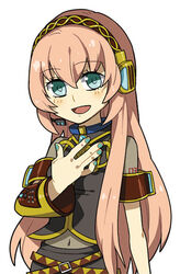  bad_id bad_pixiv_id belt buckle female headphones long_hair megurine_luka microphone molly navel open_mouth pink_eyes pink_hair simple_background smile solo vocaloid 