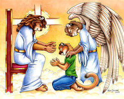  2004 angel anthro beard bottomwear brown_hair chair christianity clothing cougar denim denim_bottomwear denim_clothing facial_hair feathered_wings feathers felid feline furniture green_clothing green_shirt green_topwear group hair halo jaguar jeans jesus_christ kneeling leopard lion male mammal pantherine pants religion robe sash shirt submissive tail topwear trance wings xianjaguar young young_anthro 