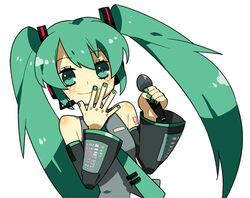  bad_id bad_pixiv_id bare_shoulders collared_shirt covering_own_mouth detached_sleeves female grey_shirt hair_ornament hand_to_own_mouth hatsune_miku headgear headphones headset holding laughing long_hair looking_at_viewer lowres microphone molly nail_polish necktie shirt simple_background smile solo tattoo twintails upper_body vocaloid white_background 