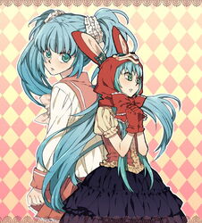  2girls animal_hood bad_id bad_pixiv_id blue_eyes bow bowtie checkered_background clone frills gloves hatsune_miku hood light_purple_hair lol_-lots_of_laugh-_(vocaloid) long_hair molly multiple_girls open_mouth own_hands_clasped own_hands_together rabbit_hood ribbon school_uniform twintails vocaloid 