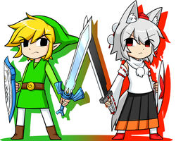  1boy :&lt; animal_ears bad_id bad_pixiv_id belt black_eyes blonde_hair boots chibi closed_mouth commentary_request crossed_swords detached_sleeves empty_eyes female frown green_hat grey_hair hat holding holding_sword holding_weapon inubashiri_momiji left-handed link master_sword mirror_shield phrygian_cap pointy_ears pom_pom_(clothes) red_eyes serious shield side-by-side skirt sumiya_nadateru sword tail the_legend_of_zelda tokin_hat toon_link touhou tunic turtleneck v-shaped_eyebrows weapon wolf_ears wolf_tail 