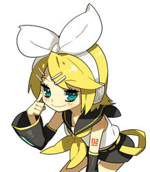  arm_warmers bad_id bad_pixiv_id belt black_shorts blonde_hair blouse blue_eyes blush bow closed_mouth cowboy_shot female hair_ornament hairbow hairclip headphones index_finger_raised kagamine_rin leaning_forward looking_at_viewer molly nail_polish ribbon sailor_collar shirt short_hair shorts simple_background sleeveless smile solo swept_bangs vocaloid white_background white_bow white_shirt yellow_nails yellow_ribbon 