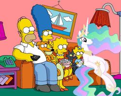 bald blonde_hair blue_hair canid canine canis controller crossover cutie_mark domestic_cat domestic_dog electronics equid equine felid feline felis female feral friendship_is_magic furniture group hair hasbro homer_simpson horn human lamp landline_phone lisa_simpson lol_comments maggie_simpson male mammal marge_simpson multicolored_hair my_little_pony mythological_creature mythological_equine mythology o_o painting phone princess princess_celestia_(mlp) purple_eyes remote_control royalty santa&#039;s_little_helper smile snowball_(the_simpsons) sofa tail the_simpsons unicorn unknown_artist what