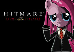 2012 agent_47 anevilzebra anthro anthrofied black_background blue_eyes clothing cosplay earth_pony english_text equid equine female friendship_is_magic hair hasbro hitman_(series) horse looking_at_viewer mammal my_little_pony parody pink_hair pinkamena_(mlp) pinkie_pie_(mlp) pony simple_background solo text wire