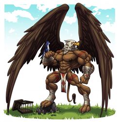 2013 abs accipitrid accipitriform anthro avian bald_eagle bandage beak biceps biped bird bottomwear cage clothed clothing eagle feathered_wings feathers flexing grass gryphon hi_res loincloth male mammal muscular muscular_anthro muscular_male mythological_avian mythological_creature mythology nipples pecs plant pose rock rodent sciurid sea_eagle solo standing tail topless tree_squirrel tribal underwear wings wolfiecanem wraps