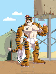 2011 3:4 anthro black_body black_fur black_stripes blue_sky briefs captain_konstantin claws clothed clothing cloud cooner dog_tags english_text felid fur holding_object holding_soap male mammal markings military muscular muscular_anthro muscular_male orange_body orange_fur outside pantherine pink_nose red_eyes shower shower_head signature sky soap solo striped_markings stripes tan_body tan_fur tent text tiger tighty_whities topless towel underwear website_url white_briefs white_clothing white_towel white_underwear wooden_planks