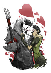 2011 absurd_res anthro bioware black_hair blue_eyes blush canid canine canis clothing cuddling domestic_dog dragon_age duo electronic_arts elf female female_on_anthro fur hair hawke_(dragon_age) heart_symbol hi_res holding_object holding_weapon humanoid humanoid_on_anthro humanoid_pointy_ears husky kokukokuboo langdon_marston magic_user male male/female male_on_humanoid mammal melee_weapon merrill nordic_sled_dog polearm romantic romantic_couple simple_background smile spitz staff standing weapon