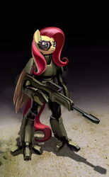 abstract_background absurd_res anthro anthrofied armor biped black_background blue_eyes digital_media_(artwork) equid equine feathered_wings feathers female fluttershy_(mlp) friendship_is_magic futuristic futuristic_armor futuristic_clothing futuristic_gun futuristic_suit gun hair hasbro hi_res high_tech_armor holding_gun holding_object holding_ranged_weapon holding_weapon looking_at_viewer machine mammal my_little_pony mythological_creature mythological_equine mythology ocular_targeting_device pegasus pink_hair power_armor ranged_weapon rifle simple_background solo standing vombavr weapon wings yellow_body yellow_feathers