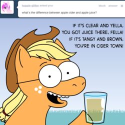 1:1 apple apple_juice applejack_(mlp) ask_jappleack beverage blonde_hair clothing container cowboy_hat cup dialogue earth_pony english_text equid equine eyewear female feral food freckles friendship_is_magic fruit glass glasses hair hasbro hat headgear headwear holding_container holding_cup holding_object horse hotdiggedydemon juice_(beverage) long_hair mammal my_little_pony ned_flanders open_mouth plant pony ponytail solo teeth text the_simpsons tumblr