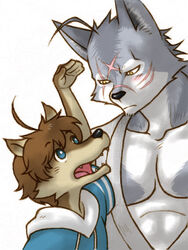 2012 3:4 abs anthro blue_eyes brown_body brown_fur canid canine canis clothing countershading cousins_(lore) duo fur grey_body grey_fur hair male mammal morenatsu multicolored_body multicolored_fur muscular pecs robe scar shirako shun_(morenatsu) simple_background size_difference tan_body tan_fur ten_kodori two_tone_body two_tone_fur white_body white_fur wolf