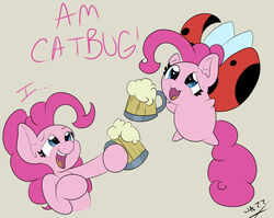 2013 absurd_res arthropod beetle beverage blue_eyes bravest_warriors cartoon_hangover catbug cider container cucujoid cup dialogue digital_media_(artwork) drunk duo earth_pony english_text equid equine female feral flying food friendship_is_magic hair hasbro hi_res holding_container holding_cup holding_object horse insect_wings insects ladybug mammal my_little_pony pink_hair pinkie_pie_(mlp) pony simple_background square_crossover substance_intoxication text the-wazz wings