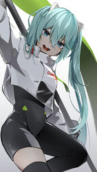  aqua_eyes aqua_hair asymmetrical_bodysuit black_bodysuit bodysuit commentary covered_navel cowboy_shot crop_top cropped_jacket female flag gloves goodsmile_racing green_flag hair_between_eyes hair_ornament hatsune_miku head_tilt highres holding holding_flag jacket long_hair long_sleeves looking_at_viewer open_mouth racing_miku racing_miku_(2022) revebw simple_background single_thighhigh smile solo standing teeth thighhighs tongue twintails very_long_hair vocaloid white_background white_jacket 