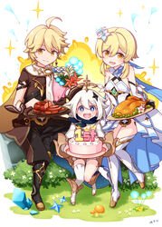  1boy 2girls :d aether_(genshin_impact) ahoge bare_shoulders black_footwear black_gloves black_pants blonde_hair blue_flower blush boots bouquet breasts brother_and_sister brown_eyes brown_shirt bush cake closed_mouth commentary_request crystal dress explosion flower food food_on_face genshin_impact gloves grey_hair hair_between_eyes hair_flower hair_ornament harada_(sansei_rain) highres holding holding_plate knee_boots long_hair long_sleeves lumine_(genshin_impact) multiple_girls mushroom open_mouth paimon_(genshin_impact) pants plate primogem purple_eyes red_flower revision romper shirt short_sleeves siblings single_thighhigh small_breasts smile sparkle sticky_honey_roast_(genshin_impact) sweet_madame_(genshin_impact) thigh_boots thighhighs thighhighs_under_boots turkey_(food) white_dress white_flower white_legwear white_romper yellow_flower 