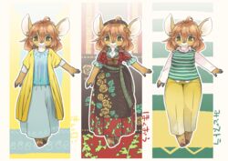  abstract_background ahoge anthro barefoot biped bottomwear breasts brown_body brown_eyes brown_fur cleavage clothed clothing deer dress feet female fur hair hooves japanese_text kemono mammal multicolored_body multicolored_fur multiple_outfits pants red_hair shirt skirt smile solo sweater sweater_vest text topwear translation_request two_tone_body two_tone_fur utsuki_maito vest white_body white_fur wide_hips 