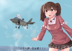  absurdres aircraft airplane black_skirt blue_background brown_eyes brown_hair commentary_request cowboy_shot dress f-35_lightning_ii female fighter_jet highres japanese_clothes jet jouzaburou_(joe3) kantai_collection kariginu leaning_forward magatama military military_vehicle pleated_dress ryuujou_(kancolle) skirt solo standing subtitled translation_request twintails vtol 