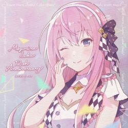  anniversary blue_eyes blue_nails character_name checkered_clothes checkered_shirt commentary dated female hair_ribbon hand_on_own_cheek hand_on_own_face heart kirita_asami long_hair looking_at_viewer megurine_luka more_more_jump!_luka nail_polish one_eye_closed pink_hair portrait project_sekai ribbon shirt short_sleeves shoulder_boards smile star_(symbol) star_ornament star_print triangle vocaloid white_shirt 