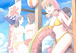  1boy 3girls akashi_(kancolle) bikini blue_sky blunt_tresses breasts cloud day green_eyes hair_ribbon innertube kantai_collection kooribata long_hair medium_breasts multiple_girls nijiboushi painting_(medium) pink_hair ribbon sign sky solo_focus swim_ring swimsuit traditional_media tress_ribbon watercolor_(medium) watermelon_innertube yellow_bikini 