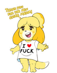  2019 animal_crossing anthro barefoot brachyzoid canid canine canis clothing dialogue domestic_dog english_text feet female floppy_ears fur hair hi_res isabelle_(animal_crossing) mammal nintendo open_mouth open_smile profanity simple_background smile solo text 